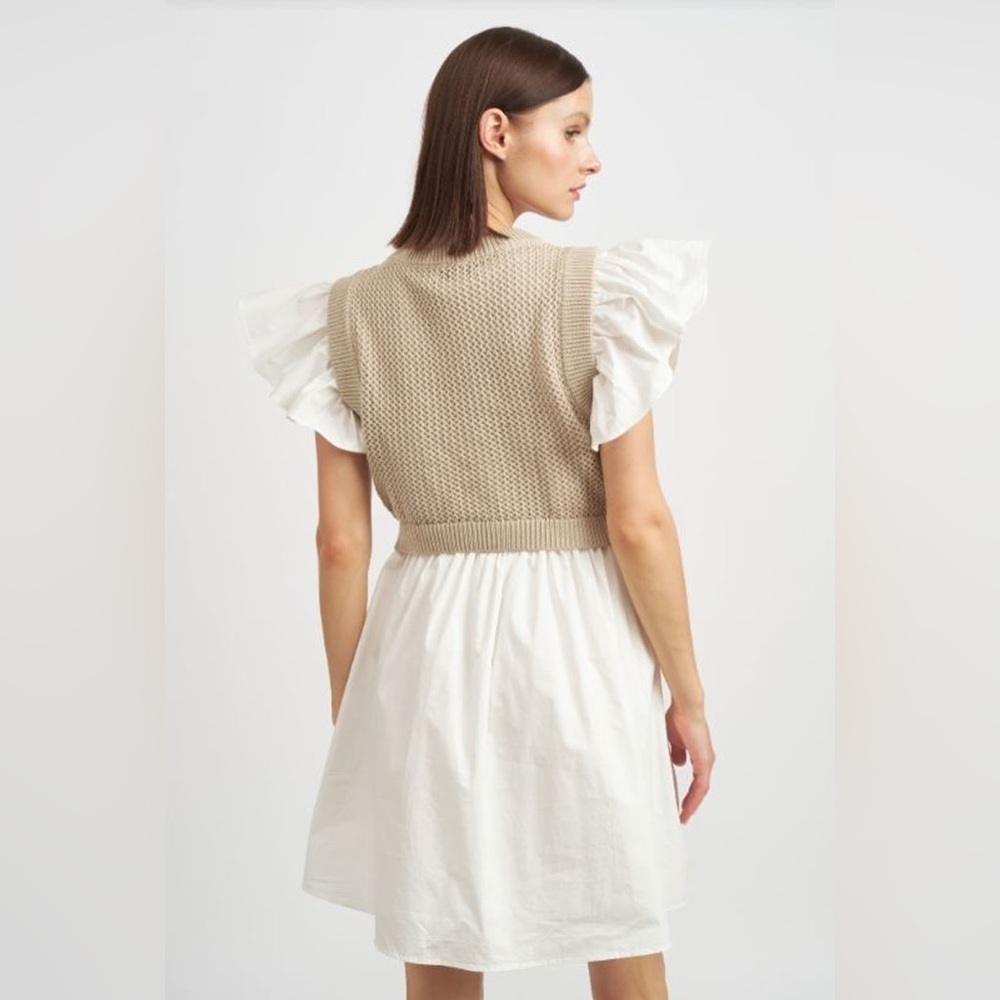 En Saison Freya Mixed Media Ruffle Sleeve Overlay Mini Dress Light Taupe Small - Picture 4 of 7